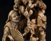 A Japanese carved ivory netsuke figural group of the climbing boys, Meiji period, red seal mark to base, 7.​​​​​​​5cm high, 5.5cm wide - 4