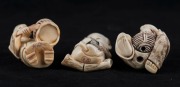 Three Japanese carved ivory netsuke with hand-painted finish, comprising a boy with a rat, a man with a birdcage, and a lady with animals, Meiji period, 20th century, the largest 5.5cm high - 3