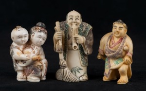 Three Japanese carved ivory standing figural netsuke with hand-painted finish, Meiji period, 20th century, the largest 6cm high