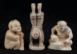Three Japanese carved ivory netsuke, including handstand example, Meiji period, 20th century, the largest 7cm high