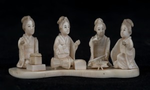 A Japanese carved ivory figural group of the Geisha musicians, Meiji period, red seal mark to base, ​​​​​​​3cm high, 6.5cm wide