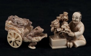 Two Japanese carved ivory netsuke, comprising a man with bonsai, and a cart with toads, Meiji period, 20th century, the larger 4cm high