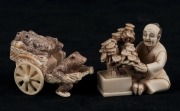 Two Japanese carved ivory netsuke, comprising a man with bonsai, and a cart with toads, Meiji period, 20th century, ​​​​​​​the larger 4cm high