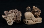 Two Japanese carved ivory netsuke, comprising a man with bonsai, and a cart with toads, Meiji period, 20th century, ​​​​​​​the larger 4cm high - 2