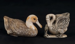 Two Japanese carved ivory swan and duck netsuke, Meiji period, 20th century, the larger 5.5cm long