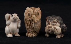 Three Japanese carved ivory animal netsuke, comprising an owl, a dog and a rabbit, Meiji period, 20th century, the largest 5.5cm high