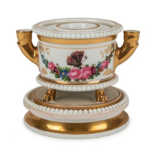 PARIS porcelain antique inkwell and pounce pot of drum form with beaded rims and and-painted butterfly and floral decoration, circa 1820, 9.5cm high, 11.5cm wide