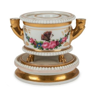 PARIS porcelain antique inkwell and pounce pot of drum form with beaded rims and and-painted butterfly and floral decoration, circa 1820, ​​​​​​​9.5cm high, 11.5cm wide