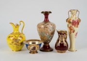 ROYAL WORCESTER porcelain jug with elephant handle, DOULTON LAMBETH pottery vase, ROYAL DOULTON&nbsp;slender&nbsp;floral vase, ROYAL CROWN DERBY yellow and gilt jug, and a Continental porcelain bowl, 19th/20th century, (5 items), the largest 19cm high