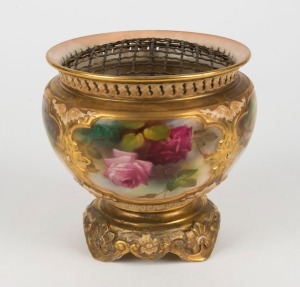 ROYAL WORCESTER English porcelain rose bowl with metal flower aid, decorated with hand-painted roses, early 20th century, puce factory mark to base, 1.5cm high