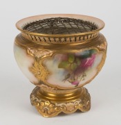 ROYAL WORCESTER English porcelain rose bowl with metal flower aid, decorated with hand-painted roses, early 20th century, puce factory mark to base, 1.5cm high - 2