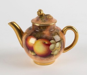 ROYAL WORCESTER English porcelain miniature teapot, with hand-painted fruit decoration, signed (illegible), mid 20th century, black factory mark to base, 8cm high, 11cm wide