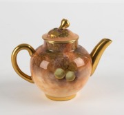 ROYAL WORCESTER English porcelain miniature teapot, with hand-painted fruit decoration, signed (illegible), mid 20th century, black factory mark to base, 8cm high, 11cm wide - 2