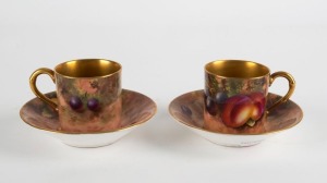 ROYAL WORCESTER pair of English porcelain coffee cups and saucers, with hand-painted fruit decoration, signed "H. AYRTON", mid 20th century, (4 items), black factory mark to base, the saucers 11cm diameter