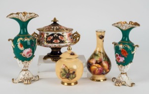 ROYAL CROWN DERBY lidded urn, AYNSLEY "Orchard Gold" vase and ginger jar together with a pair of antique soft paste English porcelain vases, 19th/20th century, (5 items), ​​​​​​​the largest 21cm high