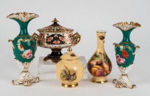 ROYAL CROWN DERBY lidded urn, AYNSLEY "Orchard Gold" vase and ginger jar together with a pair of antique soft paste English porcelain vases, 19th/20th century, (5 items), the largest 21cm high