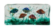 SALVIATI impressive Murano glass aquarium fish block with five fish, by LUCIANO GASPARI, engraved "L. Gaspari, Salviati", with original Salviati foil and "Made in Italy" Murano glass foil, ​​​​​​​17cm high, 37.5cm wide, 8cm deep