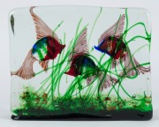 CENEDESE Murano glass aquarium fish block with three fish in seaweed, by ALFREDO BARBINI,  21cm high, 25cm wide, 6cm deep  - 2