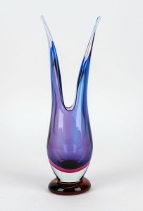 A Sommerso beak vase in purple and pink with amber base,  ​​​​​​​40cm high 