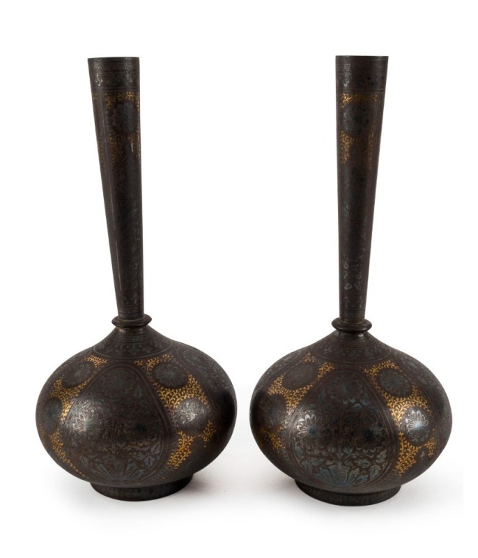 A pair of antique Indo-Persian Bidri ware vases with silver inlay, 21cm high