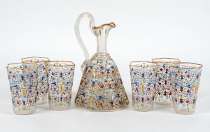 Set of six antique Italian Murano glass tumblers with enamel decoration, together with the matching jug (damaged), 19th century, (7 items), ​​​​​​​the glasses 11cm high