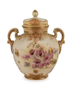 ROYAL WORCESTER antique English porcelain lidded urn with floral decoration, circa 1890, puce factory mark to base, 24cm high, 21cm wide