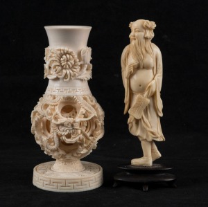 A Chinese carved ivory puzzle ball, and a statue of a man with a fan, 19th and 20th century, (2 items), 12.5cm and 13cm high