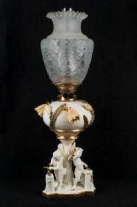 MOORE BROTHERS antique English porcelain oil lamp with cherub and cactus decoration, black button double burner with bayonet fitting, acid etched glass shade, and chimney, 19th century, 63cm high overall