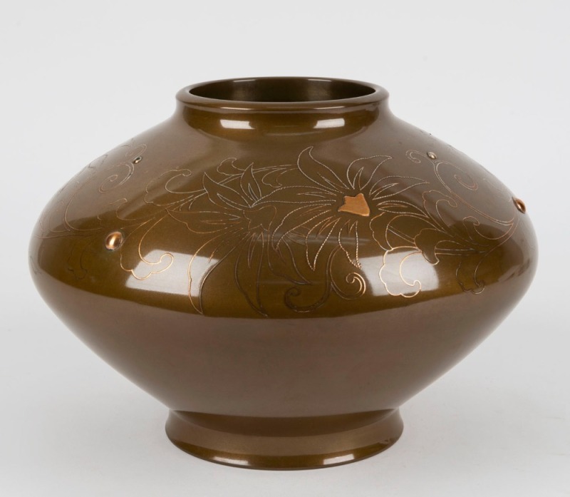 A Japanese bronze vase with silver and copper inlay, 20th century, seal mark to base, ​​​​​​​20cm high, 26cm wide