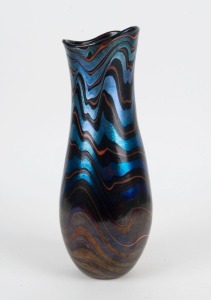 NORMAN STUART CLARKE British art glass vase with iridescent wave motif, engraved signature near base, ​​​​​​​37cm high