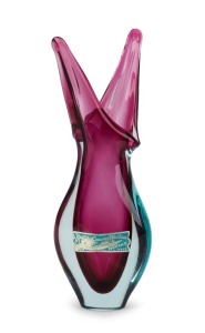 A Murano Sommerso glass beak vase with magnesium inclusions on cranberry and blue glass, original foil label "Murano Genuine Venetian, Murano Italy", 22cm high 