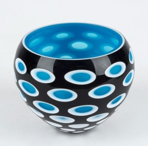 A Czechoslovakian overlay glass vase in black, blue and white, 9.5cm high, 12cm wide