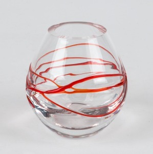 A vintage clear art glass vase with red trailing design, most likely Czechoslovakian,  10cm high 