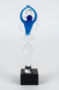 Blue and clear Murano glass statue on black glass plinth,  ​​​​​​​21cm high 