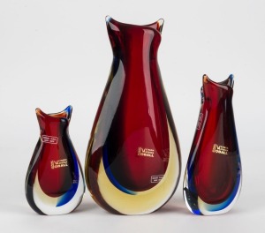 MICHELE ORNESTO set of three red, blue and amber Sommerso glass vases, engraved "Michele Ornesto, Murano" with assorted affixed labels,  ​​​​​​​the largest 28cm high 