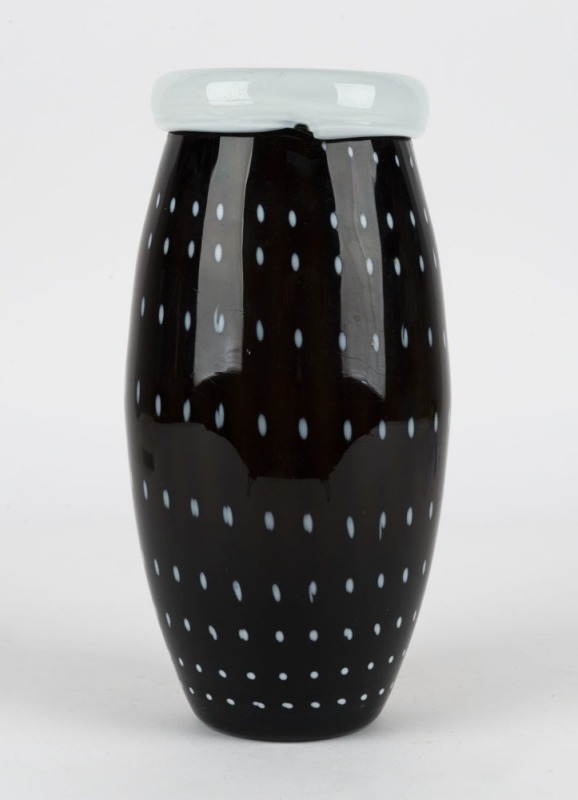 A Murano black art glass vase with rolled white glass rim and dot inclusions, ​​​​​​​28cm high