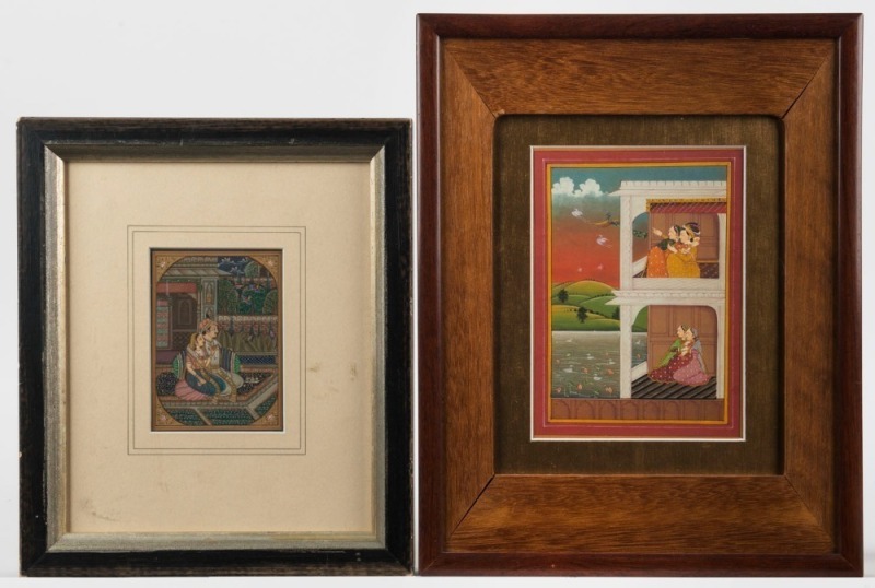 Two antique Indian watercolour paintings depicting figures in interiors, 19th century, ​​​​​​​the larger 19 x 14cm