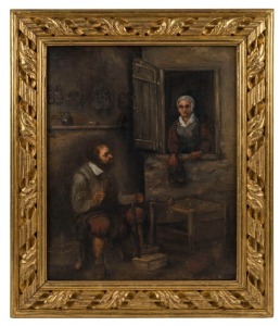 ARTIST UNKNOWN (Dutch, 18th century), (the cobbler), oil on oak panel, ​​​​​​​34 x 27cm, 42 x 36cm