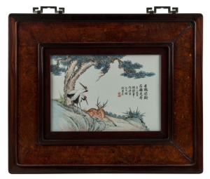 TIAN HEXIAN (1894-1952), Chinese hand-painted porcelain panel of cranes, in original Chinese timber frame, Republic period, early to mid 20th century, 26 x 37cm, 54 x 65cm overall