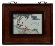 TIAN HEXIAN (1894-1952), Chinese hand-painted porcelain panel of cranes, in original Chinese timber frame, Republic period, early to mid 20th century, 26 x 37cm, 54 x 65cm overall