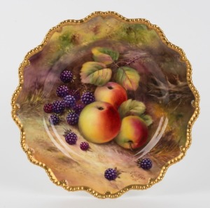 ROYAL WORCESTER English porcelain plate, with hand-painted fruit decoration, signed "T. LOCKYER", early 20th century, puce factory mark to base, 22.5cm wide