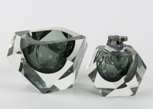 MANDRUZZATO faceted grey Sommerso glass bowl and table cigar lighter (2 items), the bowl 16cm wide