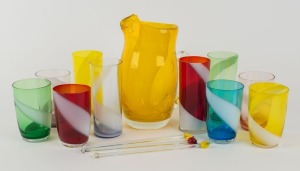 Vintage Japanese art glass drinkware comprising a water jug, ten glasses and three swizzle sticks, circa 1960, ​​​​​​​the jug 22cm high