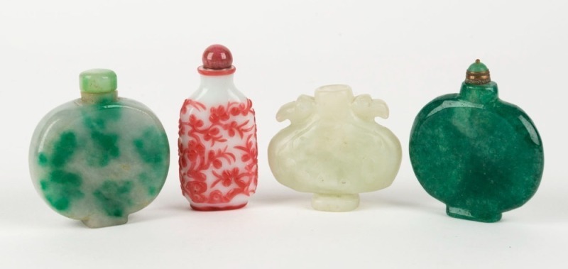 Four assorted antique Chinese scent bottle, stone and ruby Peking glass, Qing Dynasty, 19th century, ​​​​​​​6.5cm high