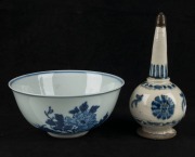 An antique Chinese blue and white porcelain bowl, Qing Dynasty, 19th century; together with a Chinese Ming Dynasty rose water sprinkler, 17th century, (2 items), the bottle 18cm high