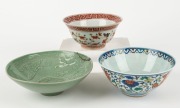 Three antique Chinese porcelain bowls including celadon example, Qing Dynasty, Guangxu and Daoguang periods, ​​​​​​​16cm diameter