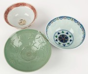 Three antique Chinese porcelain bowls including celadon example, Qing Dynasty, Guangxu and Daoguang periods, ​​​​​​​16cm diameter - 2