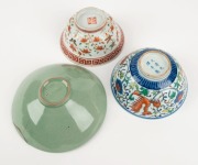 Three antique Chinese porcelain bowls including celadon example, Qing Dynasty, Guangxu and Daoguang periods, ​​​​​​​16cm diameter - 3