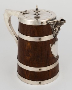 An antique English oak ale jug with silver plated mounts, 19th century, ​​​​​​​23cm high