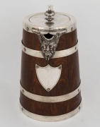 An antique English oak ale jug with silver plated mounts, 19th century, ​​​​​​​23cm high - 2